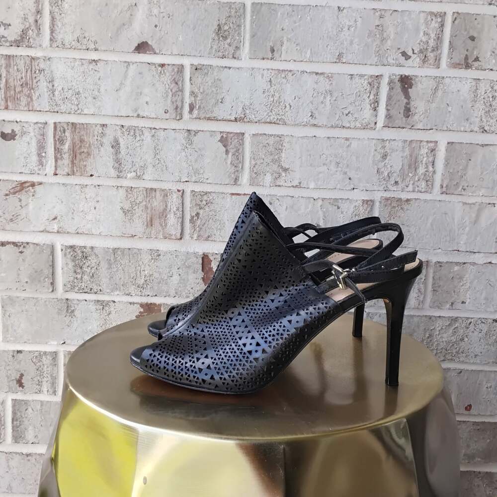 Antonio Melani Black Perforated Leather Peep-Toe Slingback Heels